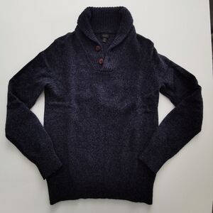 J. Crew 100% Lambs Wool Navy Quarter Button Up Roll Neck Collar Sweater